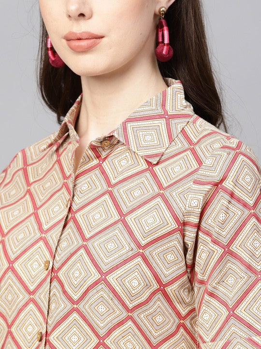 Anayna Women Beige & Pink Printed Shirt Dress