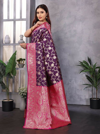 Joban Fashion Banarasi Wine Woven Soft Silk Saree