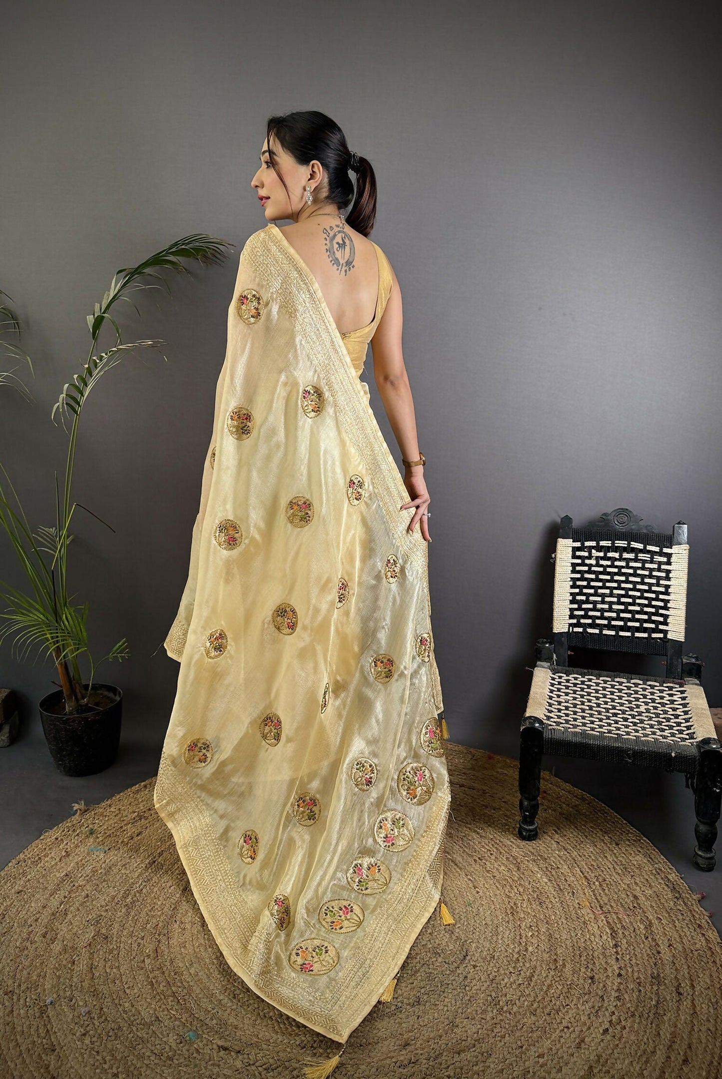 Joban Fashion Light Yellow Handloom Banarasi Organza Silk Khatali Butta Work Saree