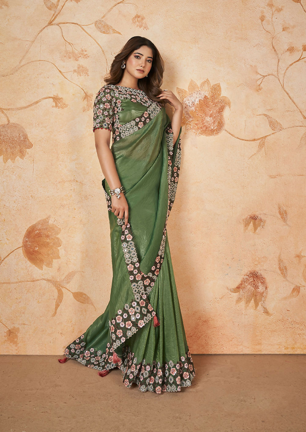 Green Banarasi Crush Silk Thread, Sequence, Cord Embroidered with Stone & Mirror Work Saree - Mohmanthan Dakshika
