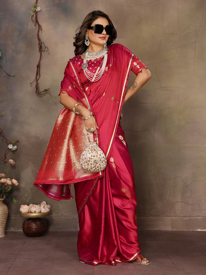 Joban Fashion Red Floral & Botanical Motifs Satin Silk Banarasi Silk Saree