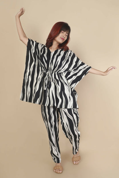 Breathables Women’S Loungewear Kaftan Cotton Black & White Abstract Print Co-Ord Set