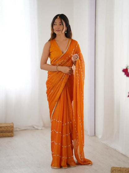 Yellow Sitara Chiffon Designer Beads Moti,Val Sequence Work Saree - Noorie
