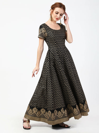 Cheera Women's Black Cotton Hand Block Print Long Dress With Silk Dupatta Set