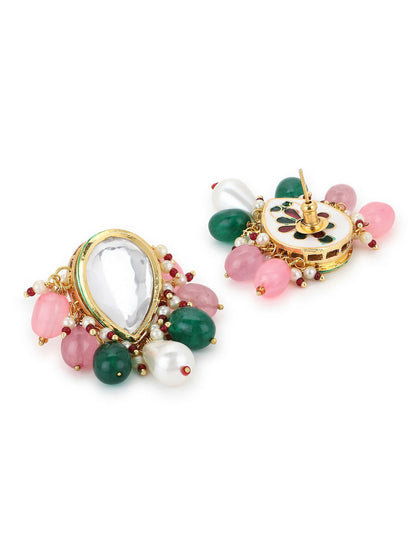 Gold-Toned White Kundan Contemporary Gold-Polished Drop Earrings - Ruby Raang