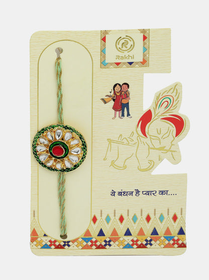 NVR Women & Men Set of 2 Gold Kundan-Studded Handcrafted Wraparound Rakhi Set With Roli Chawal