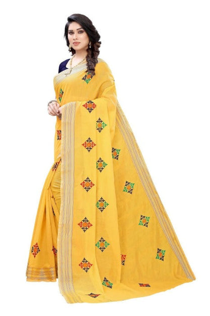 Vamika Chanderi Cotton Box Designed Embroidery Yellow Saree (Dixa Yellow)