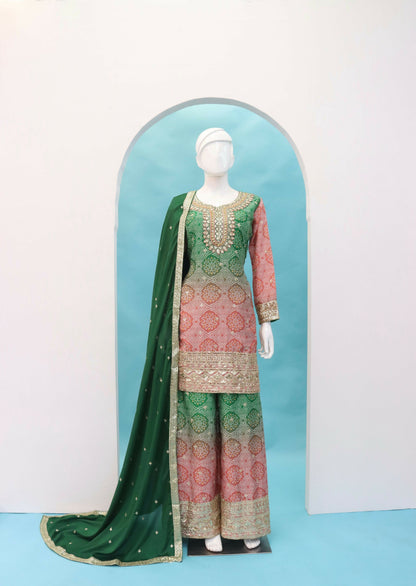 Anaita Peach Digital print with Embroidered Silk Stitched Plazo Suit