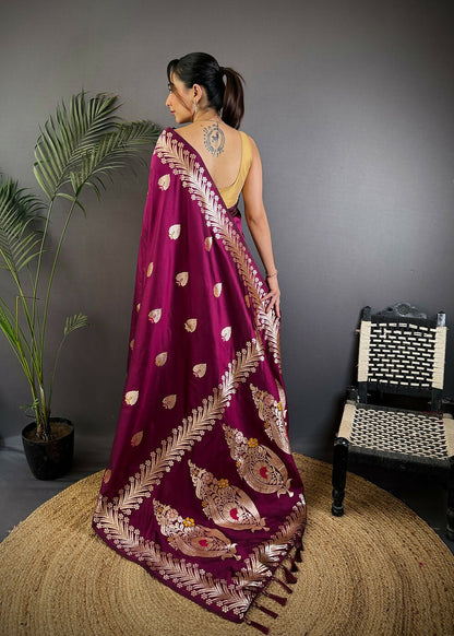 Joban Fashion Banarasi PlumWoven Soft Silk Saree