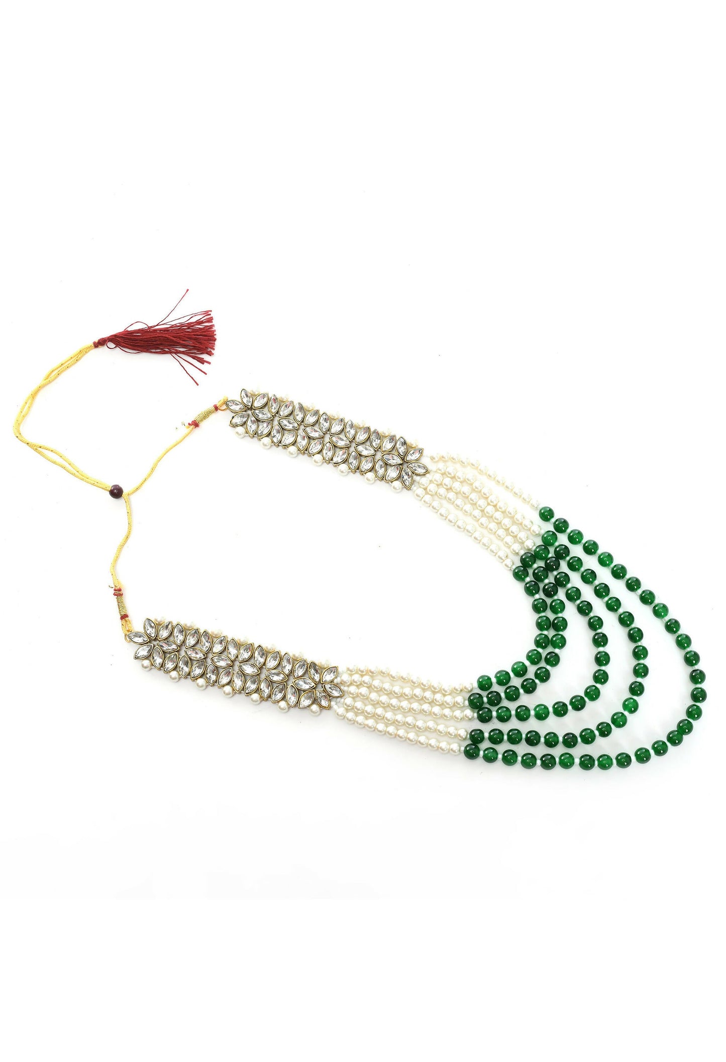 Mominos Fashion Johar Kamal Gold-Polished Rani Haar with Green and Off white Pearls Jewellery Set