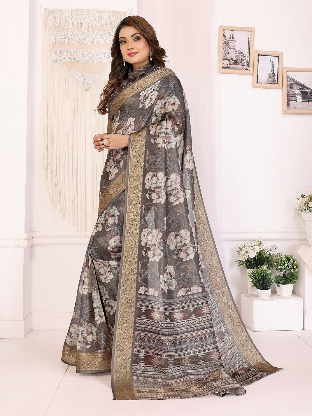 Joban Fashion Dark Grey Floral Print pattern Banarasi Silk Sarees