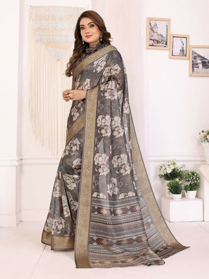 Joban Fashion Dark Grey Floral Print pattern Banarasi Silk Sarees