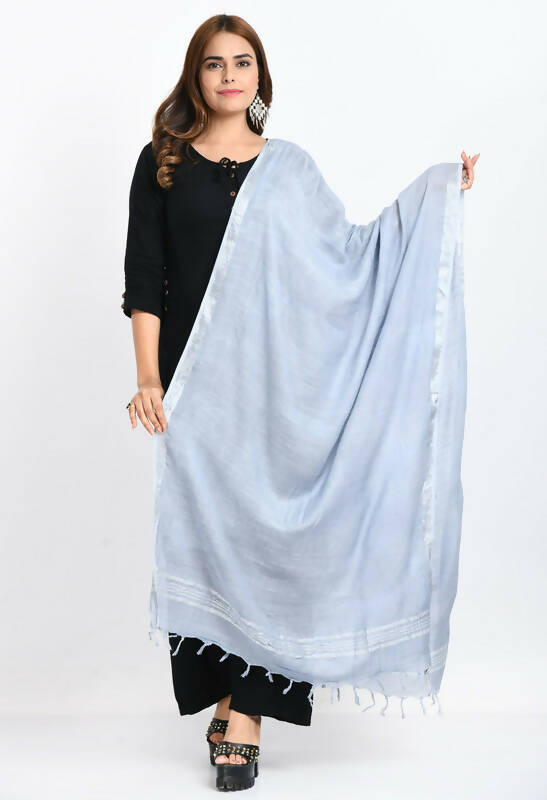 Mominos Fashion Moeza Women's Linen Cotton Silver Border Grey Dupatta