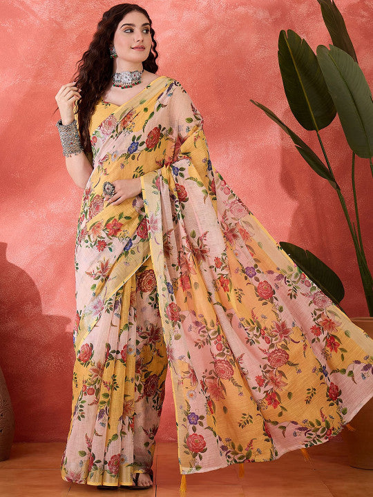 Sangria Floral Printed Banarasi Saree With Blouse Piece