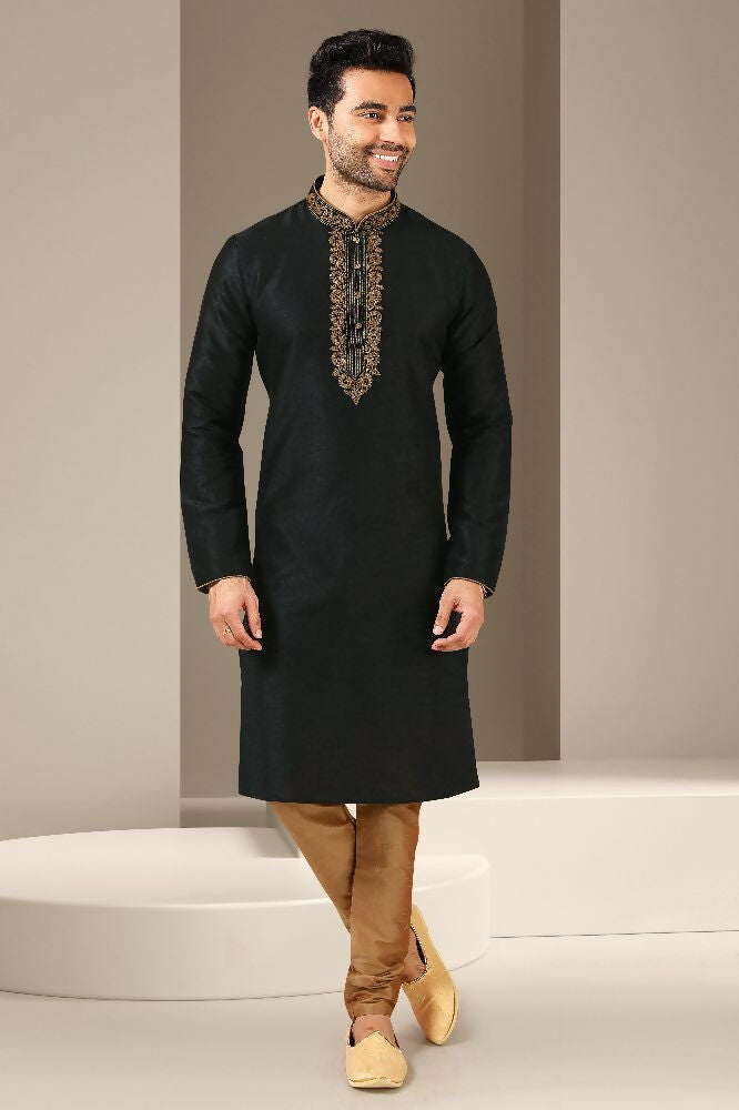 Raivat Ethnic Banarasi Art Silk Thread Work Kurta Pajama In Black Colour