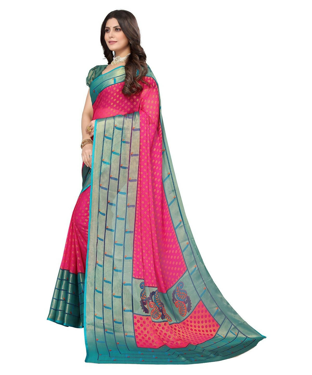 Vamika Pink Chiffon Brasso Bollywood Style Woven Saree (DIMPLE PINK)