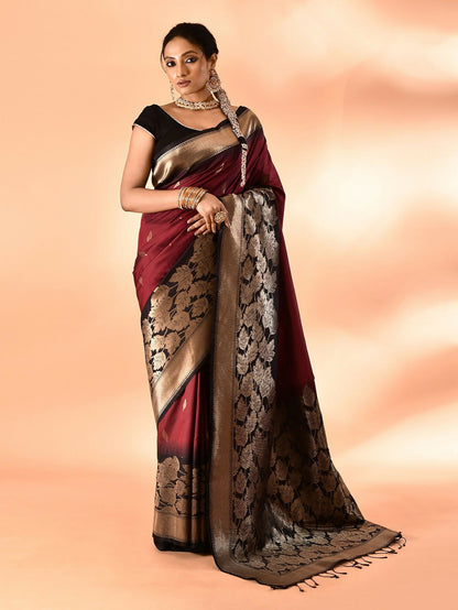 Joban Fashion Maroon & Black Plain With Weaving Border Banarasi Silk Sarees