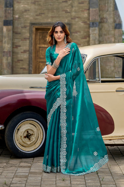 Vastranavya Rama Embroidery Work Shimmer Chiffon Saree with Unstitched Blouse