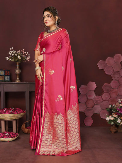 Joban Fashion Pink Floral Banarasi Silk Sarees