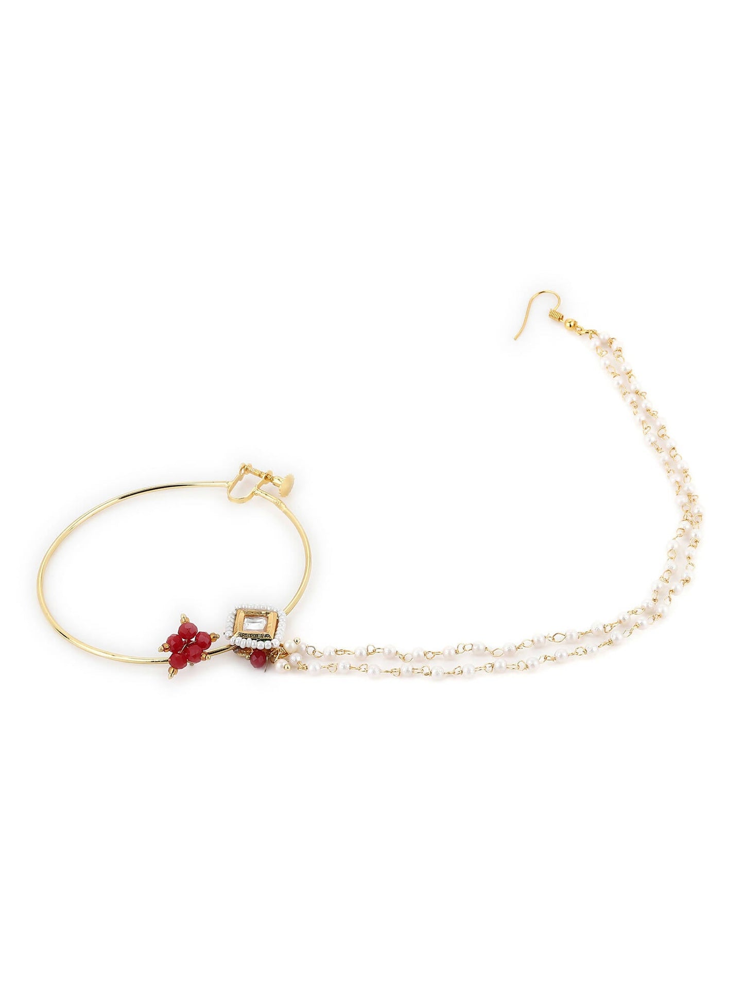 Gold-Polished White Red Kundan-Studded Pearl Beaded Nosepin - Ruby Raang