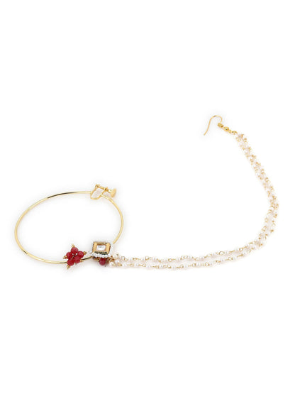 Gold-Polished White Red Kundan-Studded Pearl Beaded Nosepin - Ruby Raang