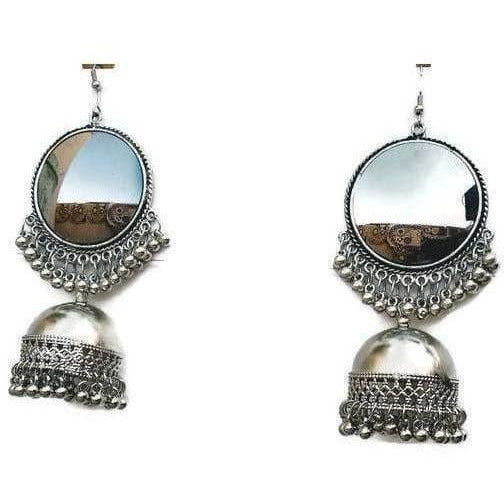 MS Fashion India Large Mirror Earrings With Oxidized Silver Jhumkas