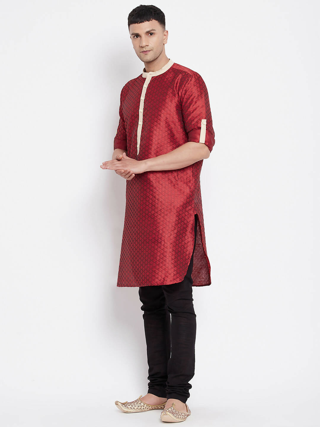 Even Apparels Red Art Silk Men's Kurta With Contrast Collar And Placket