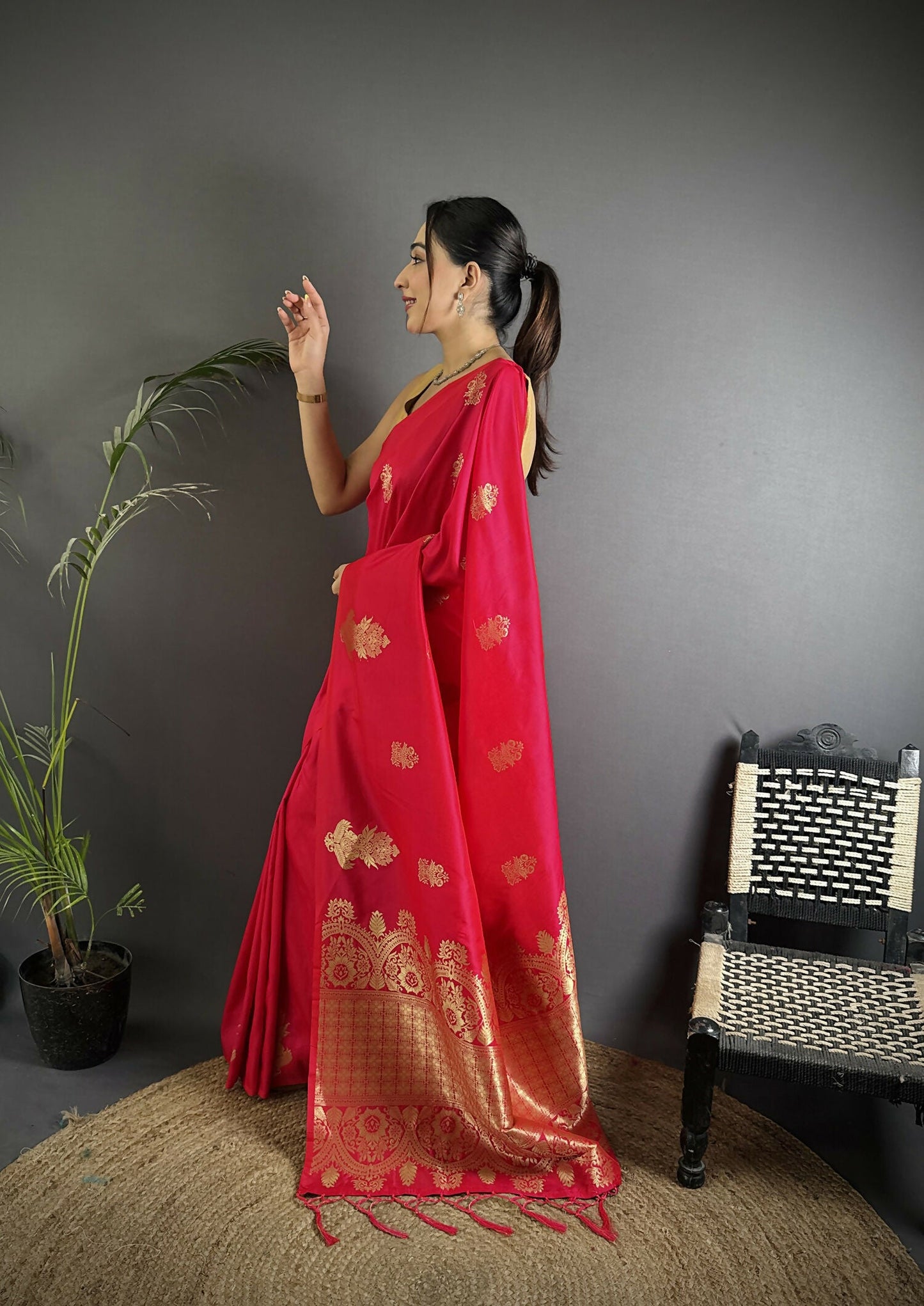 Joban Fashion Red Banarasi Lichi Silk Gold Zari Meena Saree