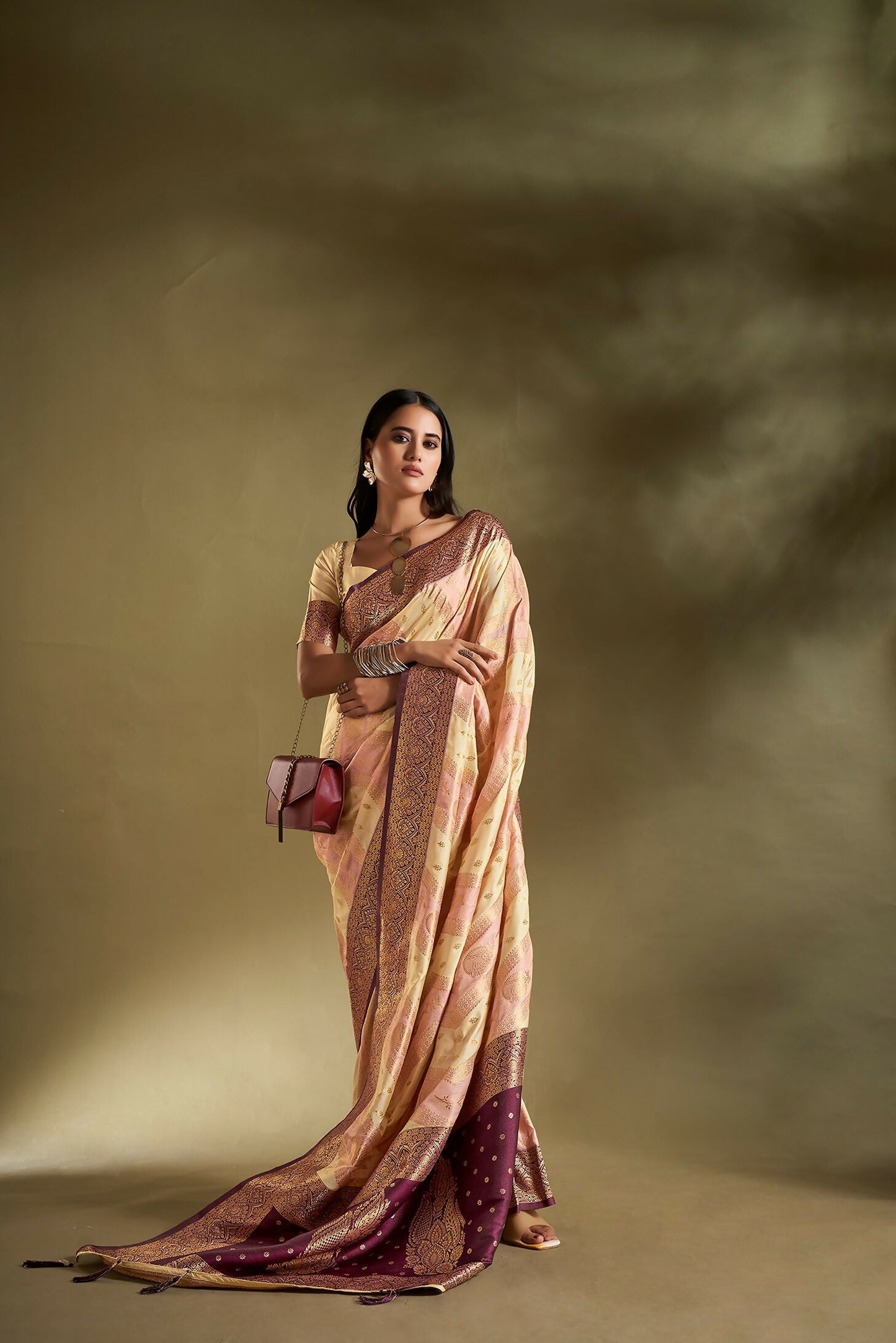 Joban Fashion Cream & Light Pink Plain With Weaving Border Banarasi Silk Sarees