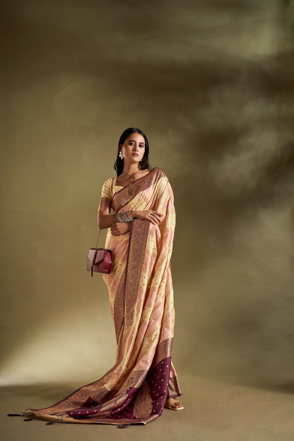 Joban Fashion Cream & Light Pink Plain With Weaving Border Banarasi Silk Sarees