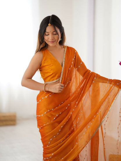 Yellow Sitara Chiffon Designer Beads Moti,Val Sequence Work Saree - Noorie