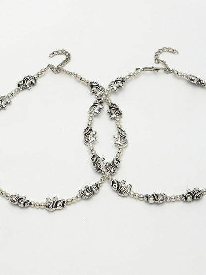 NVR Women's Set of 2 Silver-Plated Elephant Design Anklets