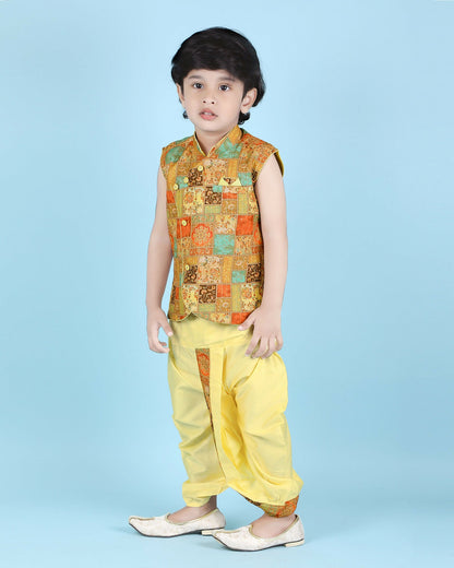 Joban Fashion Kids Island Cotton Sleeveless printed Kurta and Solid Dhoti - Yellow