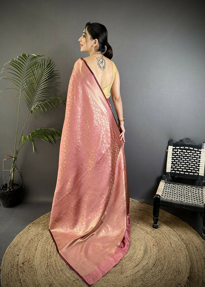Joban Fashion Dusty Pink  Floral & Paisley Motifs Soft Satin Silk Banarasi Saree