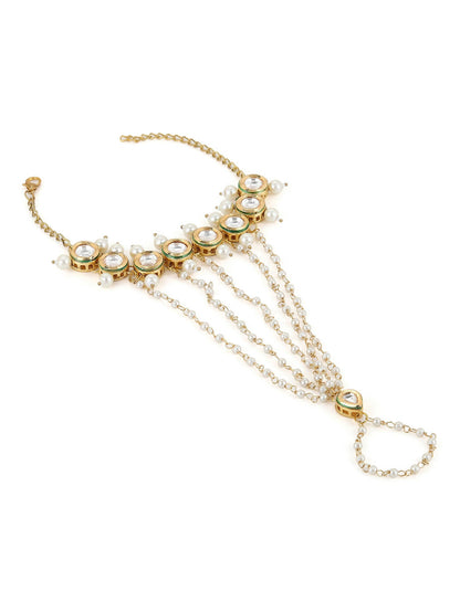 Women's Gold-Toned White Brass Kundan Gold-Polished Link Bracelet - Ruby Raang