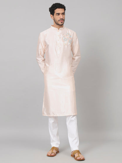 Coral Charm Traditional Embroidered Silk Kurta by Hilo Design