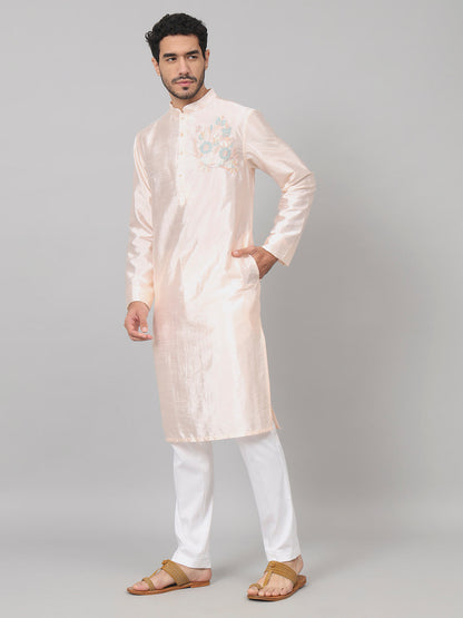 Coral Charm Traditional Embroidered Silk Kurta by Hilo Design