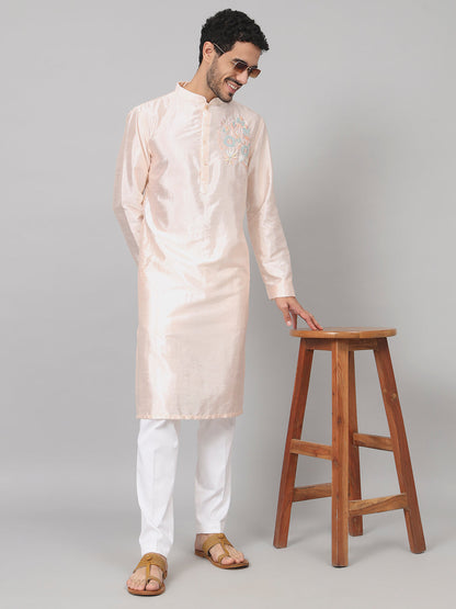 Coral Charm Traditional Embroidered Silk Kurta by Hilo Design