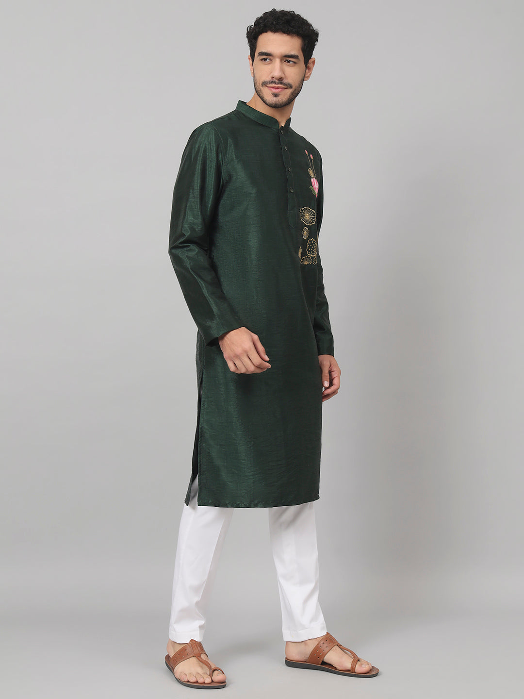 Dark Fern Embroidered Silk Kurta by Hilo Design