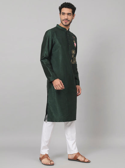 Dark Fern Embroidered Silk Kurta by Hilo Design