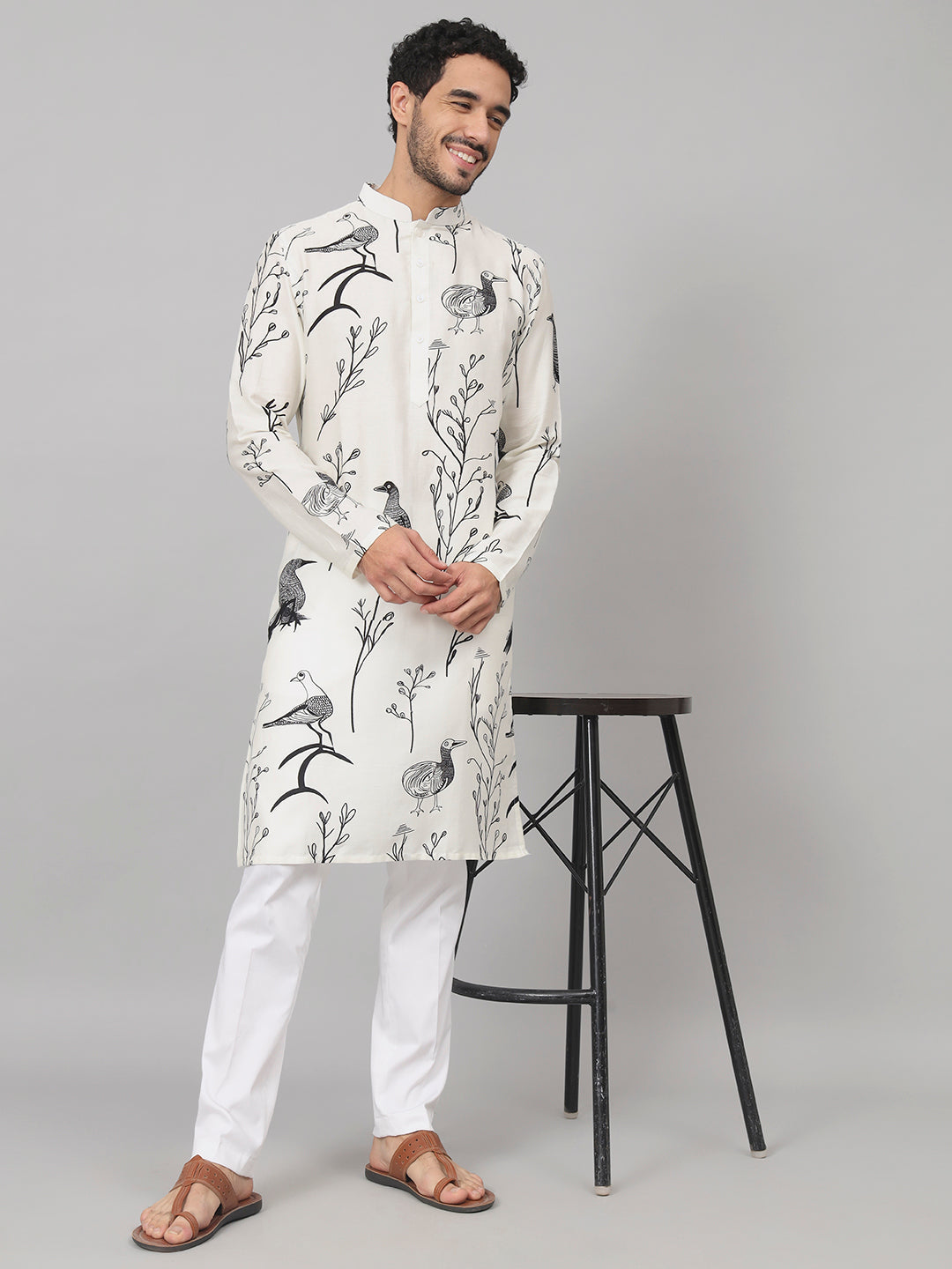 Feathered Birds Print Cotton Kurta by Hilo Design