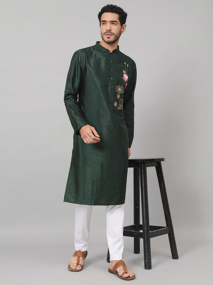 Dark Fern Embroidered Silk Kurta by Hilo Design