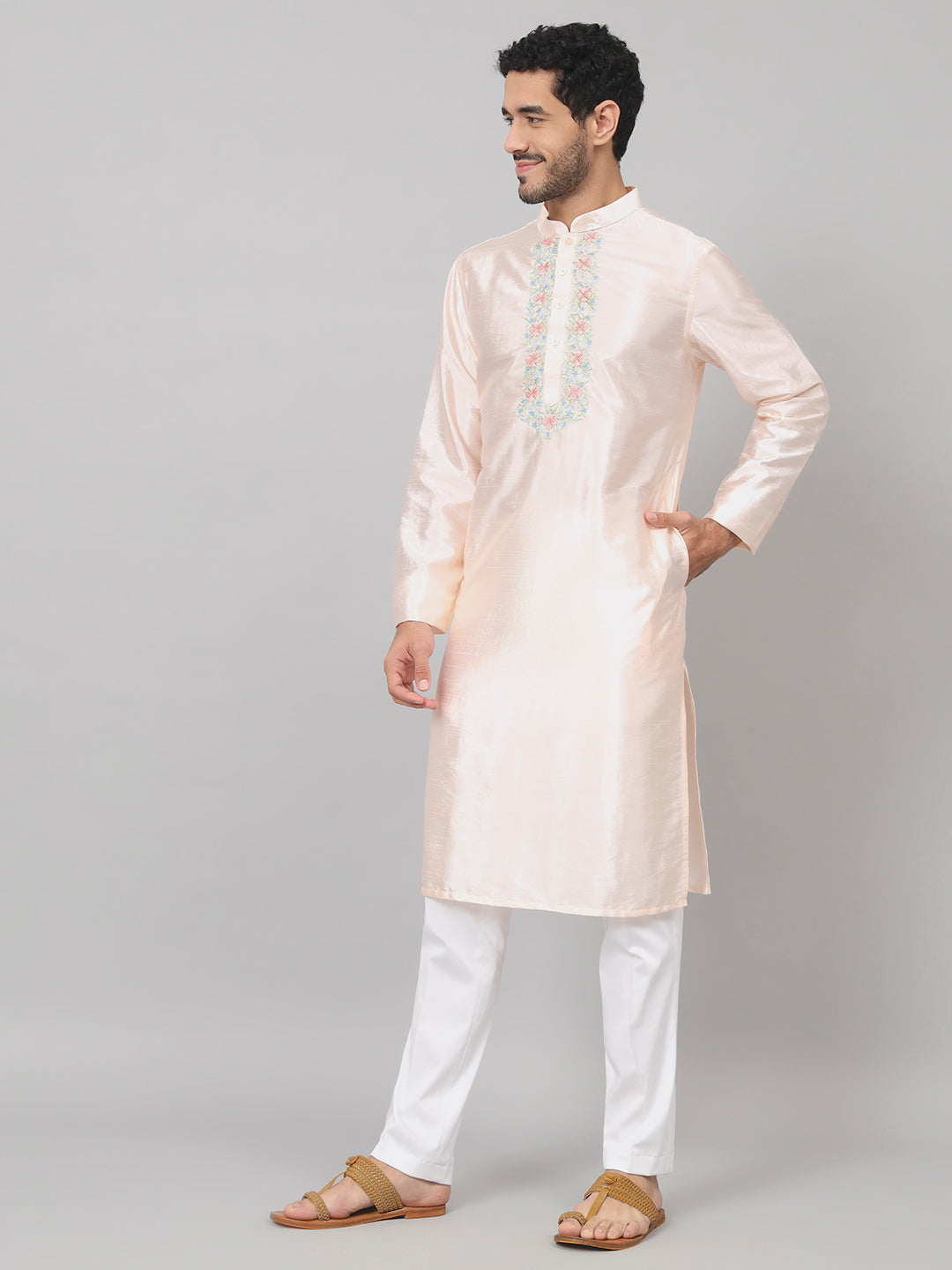 Pastels Neckline Embroidered Silk Kurta by Hilo Design