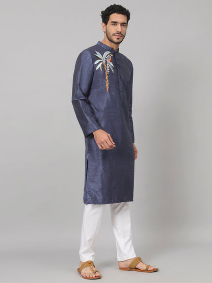 Sapphire Embroidered Silk Kurta by Hilo Design