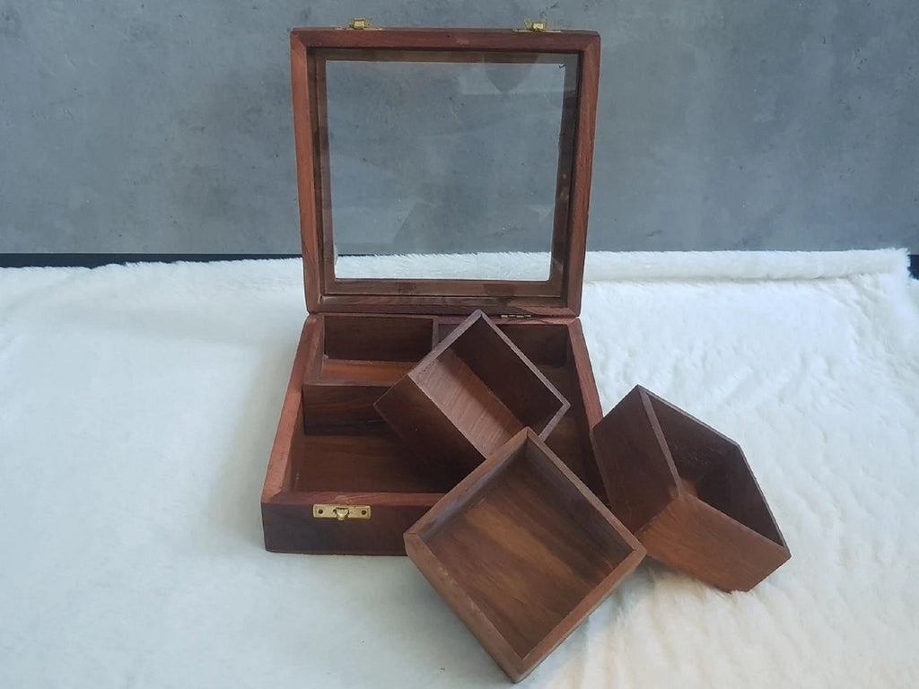 Decorative Teak Wooden Spices Box Massala Box With Mirror Lid & Lock Square Namak Dani