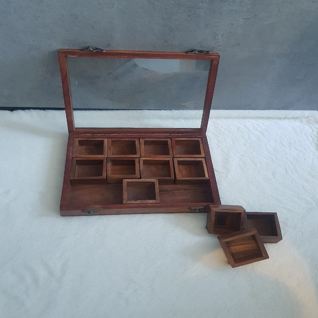 Wooden Multi-Compartment Storage Box Multipurpose Table Top Glass Lid on Top Box Spice box Dry Fruit Box