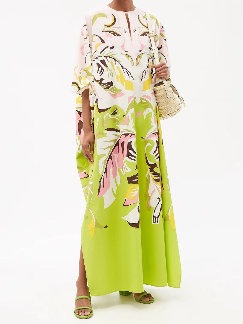 Trending Free Size Crepe Silk Beach Kaftan Green Off-White J5692