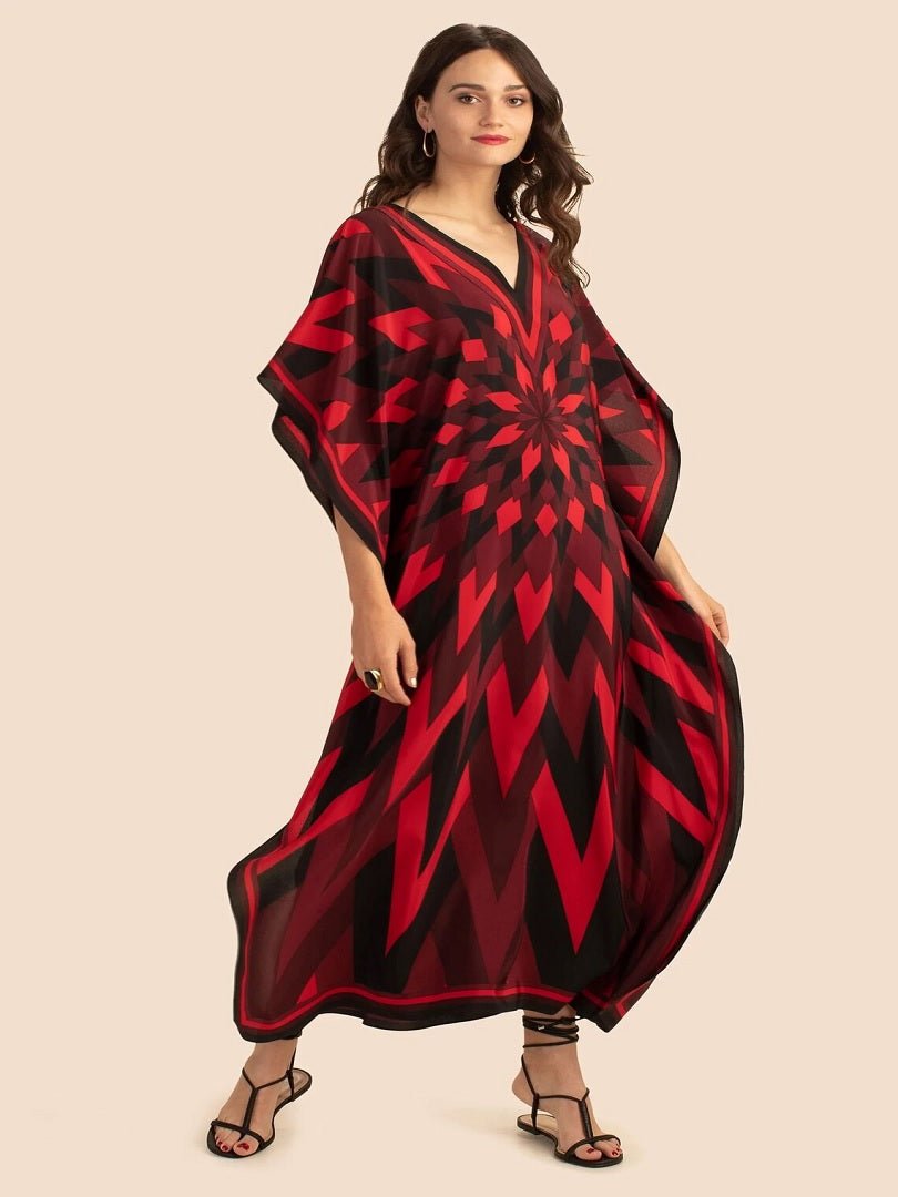 V Neck Printed Lounge Wear Soft Silk Crepe Kaftan J5765
