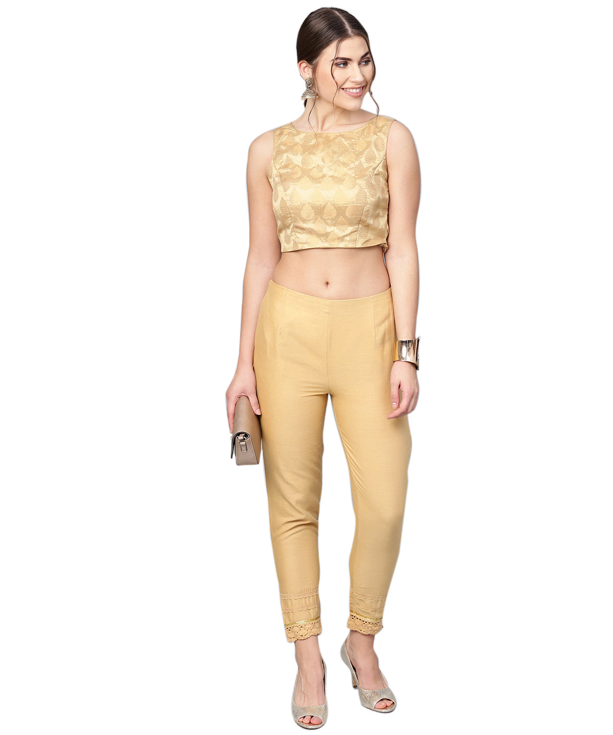 Juniper Women Gold Cotton Flex Solid Slim Fit Pant/Slim Pant