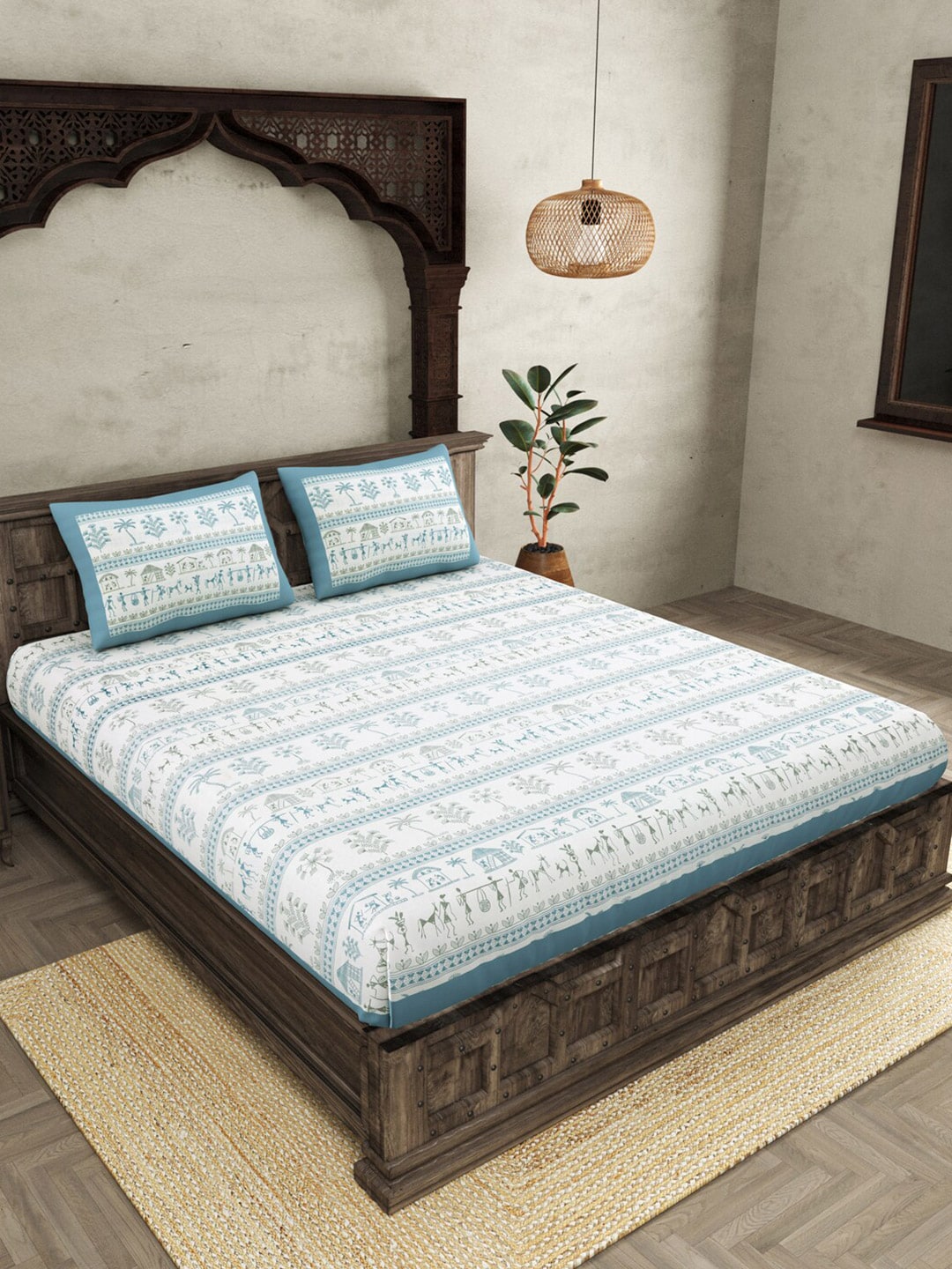 JAIPUR FABRIC Blue Ethnic Motifs Cotton 250 TC Super King Bedsheet With 2 Pillow Covers